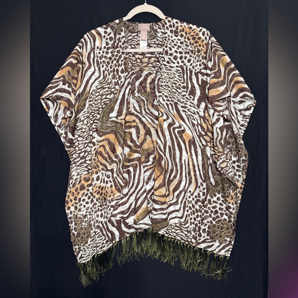 Chico's Animal Zebra & leopard Print Sheer Cardigan Cover up with Fringe